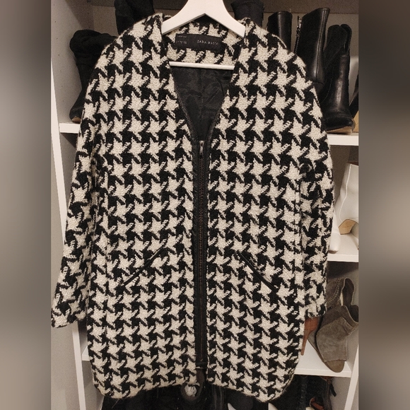 Zara Houndstooth Wool Blend Cocoon Coat - Picture 3 of 9